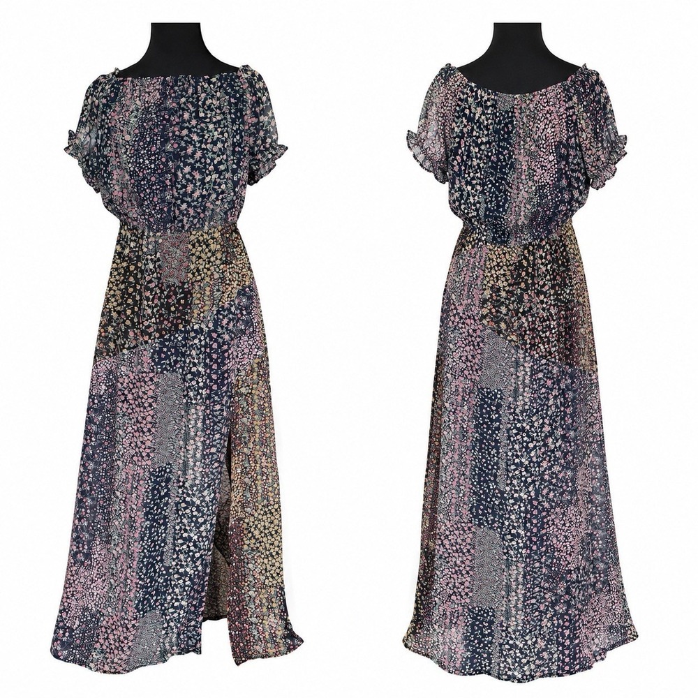 Lulus Dress Sz M Navy Floral Patchwork Maxi Boho Chiffon Front Slit Whimsigoth
